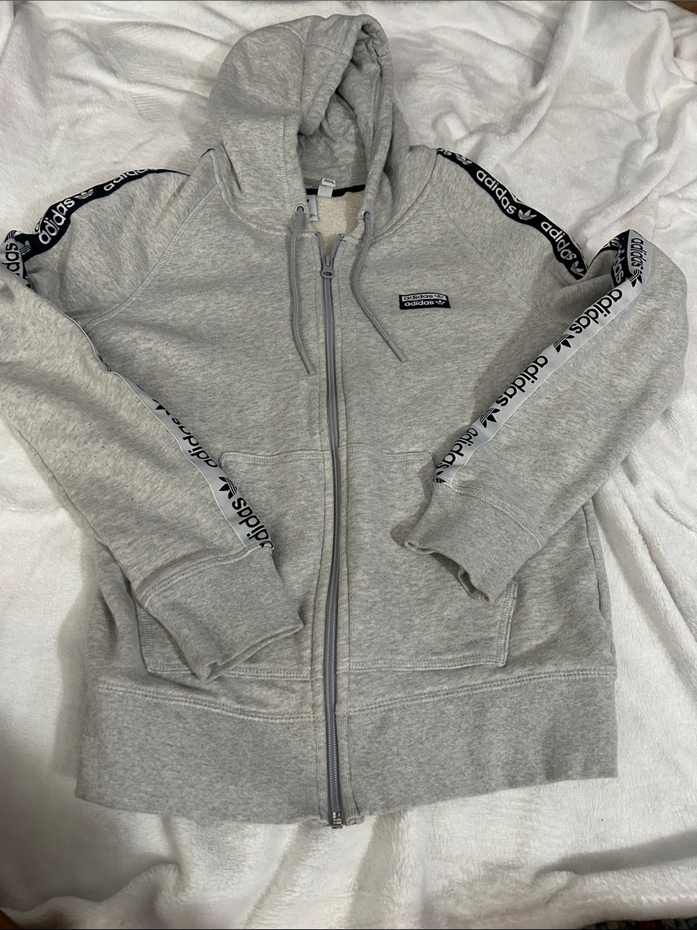 adidas Light Gray Full-Zip Hoodie with Logo Tape